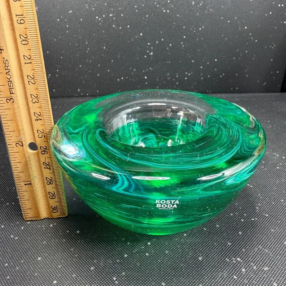 Kosta Boda Sweden Art Glass Green Swirl Votive Candle Holder Signed Heavy Base